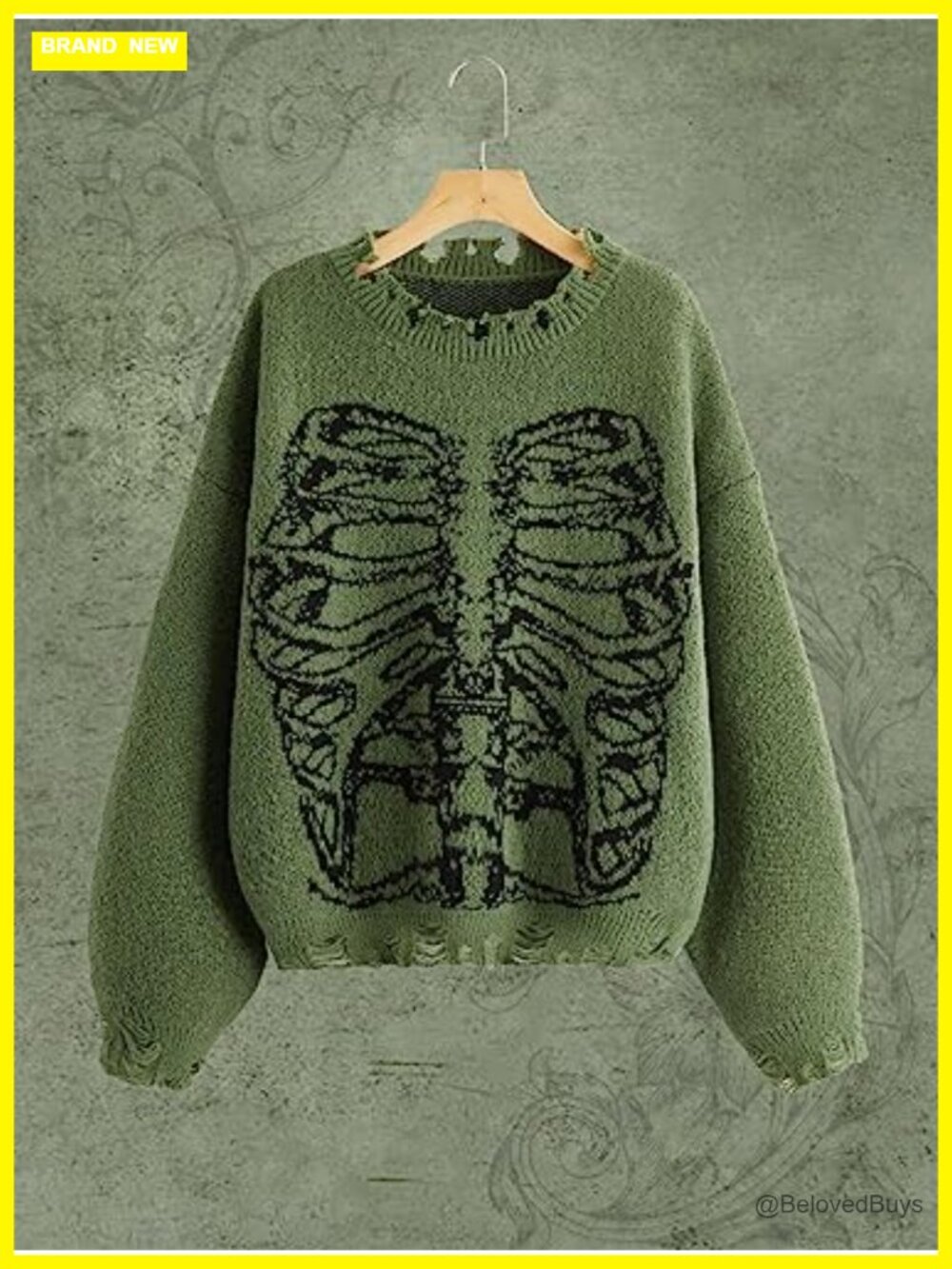 Oversized Skeleton Pattern Ripped Sweater Pullover Round Neck - Picture 2 of 5